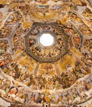 Affresco della cupola del Duomo di Firenze, ricco di dettagli religiosi.